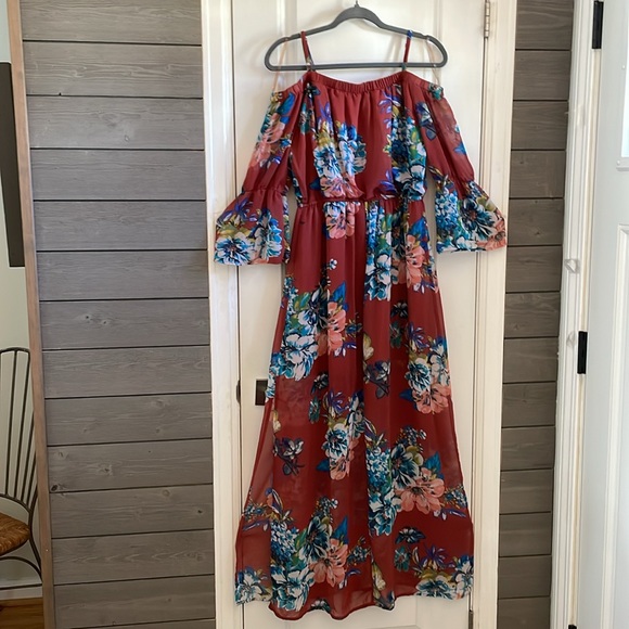 As U Wish Burgundy Red Ruched Off-the-Shoulder Maxi Dress - Picture 2 of 14